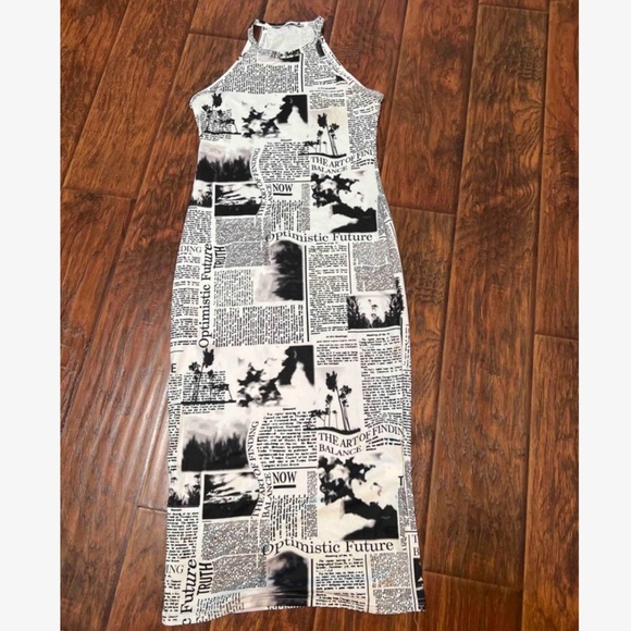 Newspaper Print Tank Dress Midi Fitted Sleeveless Stretchy - Picture 13 of 16